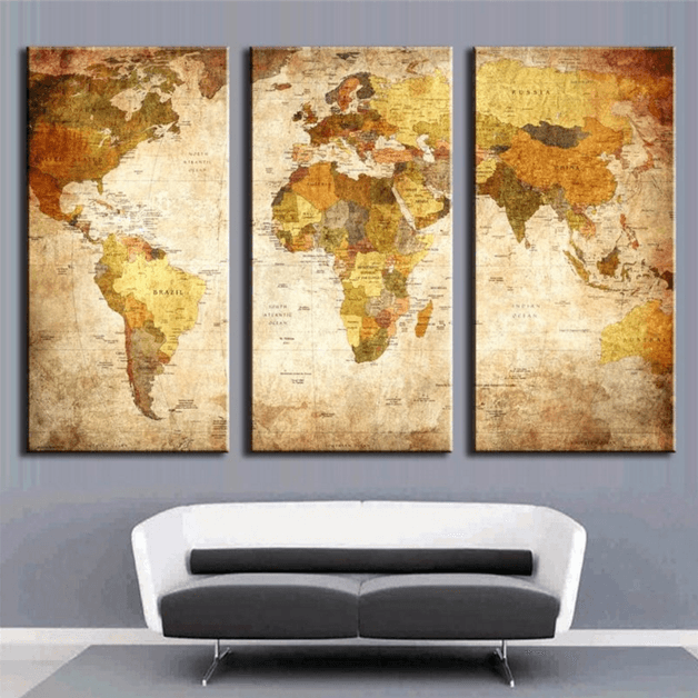 3 Pieces Multi Panel Modern Home Decor Framed Retro World Map Wall Canvas Art | Octo Treasures