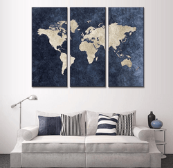 3 Panel Blue World Map Framed Wall Canvas Art | Octo Treasures