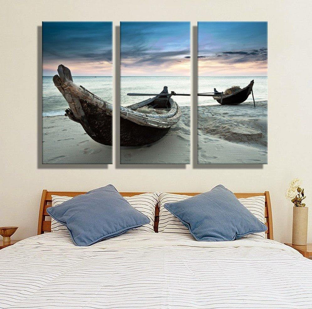 3 Panel Boat Beach Landscape Frameless Wall Canvas | Octo Treasures