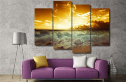 4 Panel Framed Golden Sunset Beach Wave Wall Canvas Art | Octo Treasures