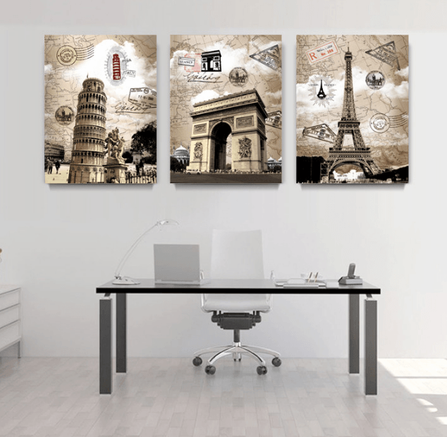 3 Panel Eiffel Towers, Leaning Tower Of Pisa, And Arc De Triomphe Framed Wall Canvas | Octo Treasures