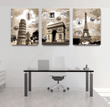 3 Panel Eiffel Towers, Leaning Tower Of Pisa, And Arc De Triomphe Framed Wall Canvas | Octo Treasures