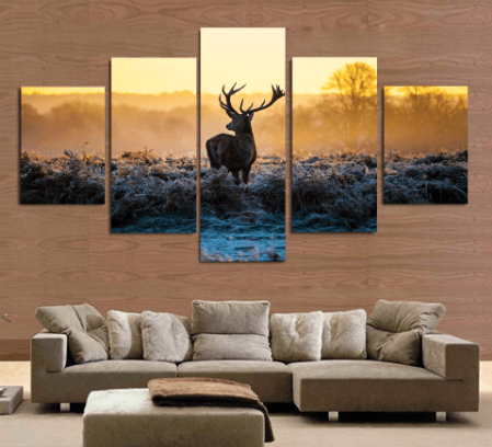 5 Panel Sunset Deer Framed Animal Wall Canvas Art | Octo Treasures