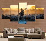 5 Panel Sunset Deer Framed Animal Wall Canvas Art | Octo Treasures