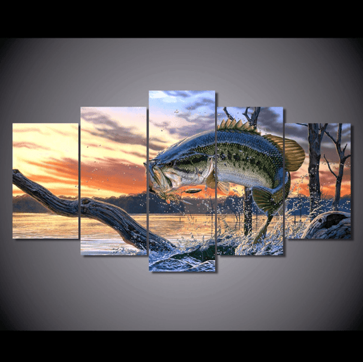 5 Panel Large Mouth Bass Lake Fishing Framed Wall Canvas | Octo Treasures