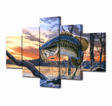 5 Panel Large Mouth Bass Lake Fishing Framed Wall Canvas | Octo Treasures