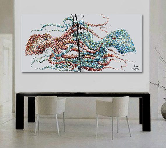 Octopus Fight Unframed Original Oil Painting By Koby Feldmos | Octo Treasures