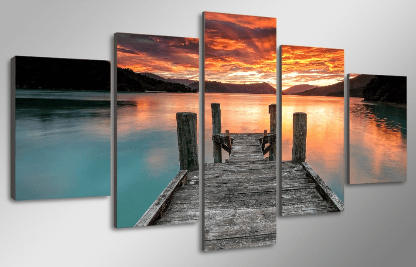 5 Panel Lake Sunset Landscape Framed Wall Canvas Art | Octo Treasures