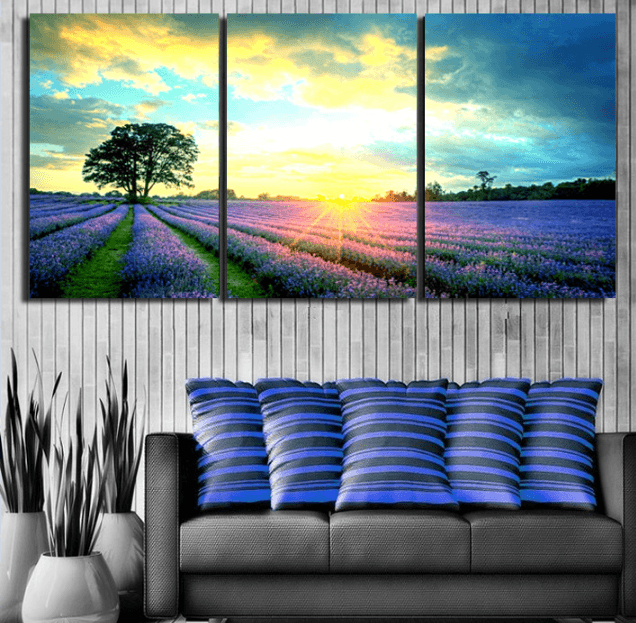 3 Panel Lavender Field Nature Scenery Framed Wall Canvas | Octo Treasures