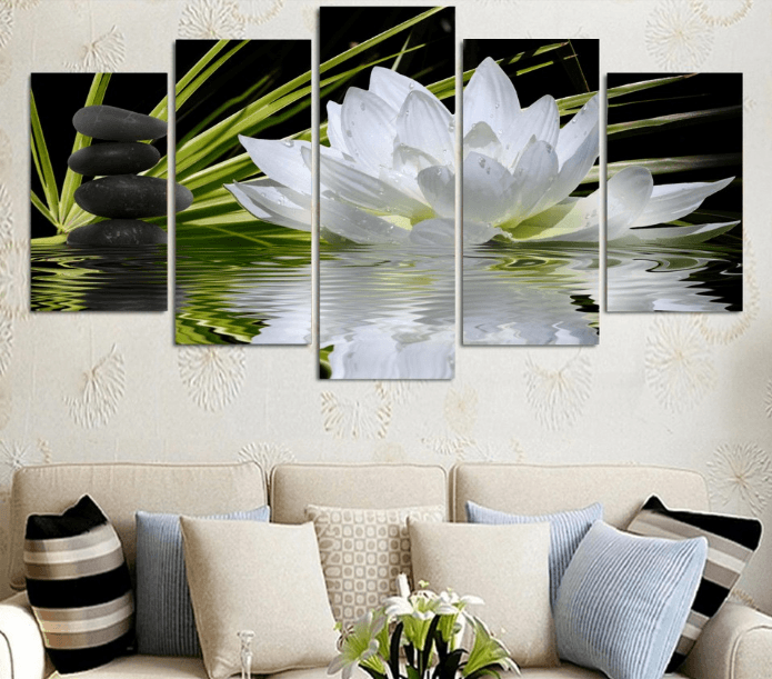 5 Panel White Lotus Flower Framed Wall Canvas | Octo Treasures