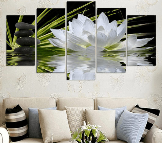 5 Panel White Lotus Flower Framed Wall Canvas | Octo Treasures