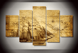 5 Panel Vintage Map Framed Wall Canvas Art | Octo Treasures