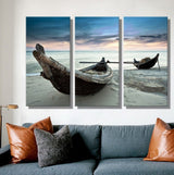 3 Panel Boat Beach Landscape Frameless Wall Canvas | Octo Treasures