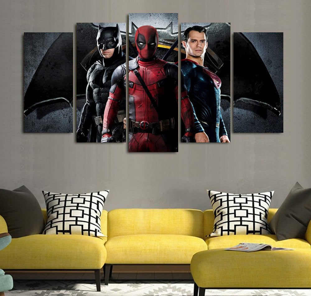 5 Piece Multi Panel Framed Batman Superman Deadpool Wall Canvas Art | Octo Treasures