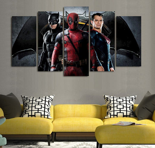 5 Piece Multi Panel Framed Batman Superman Deadpool Wall Canvas Art | Octo Treasures