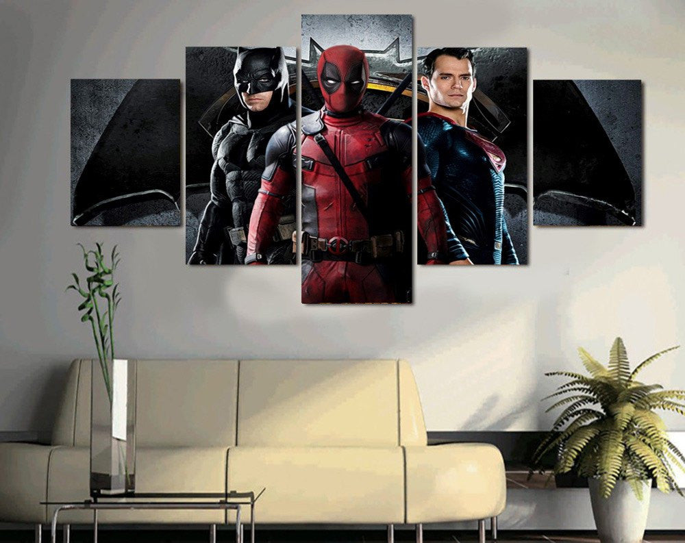 5 Piece Multi Panel Framed Batman Superman Deadpool Wall Canvas Art | Octo Treasures