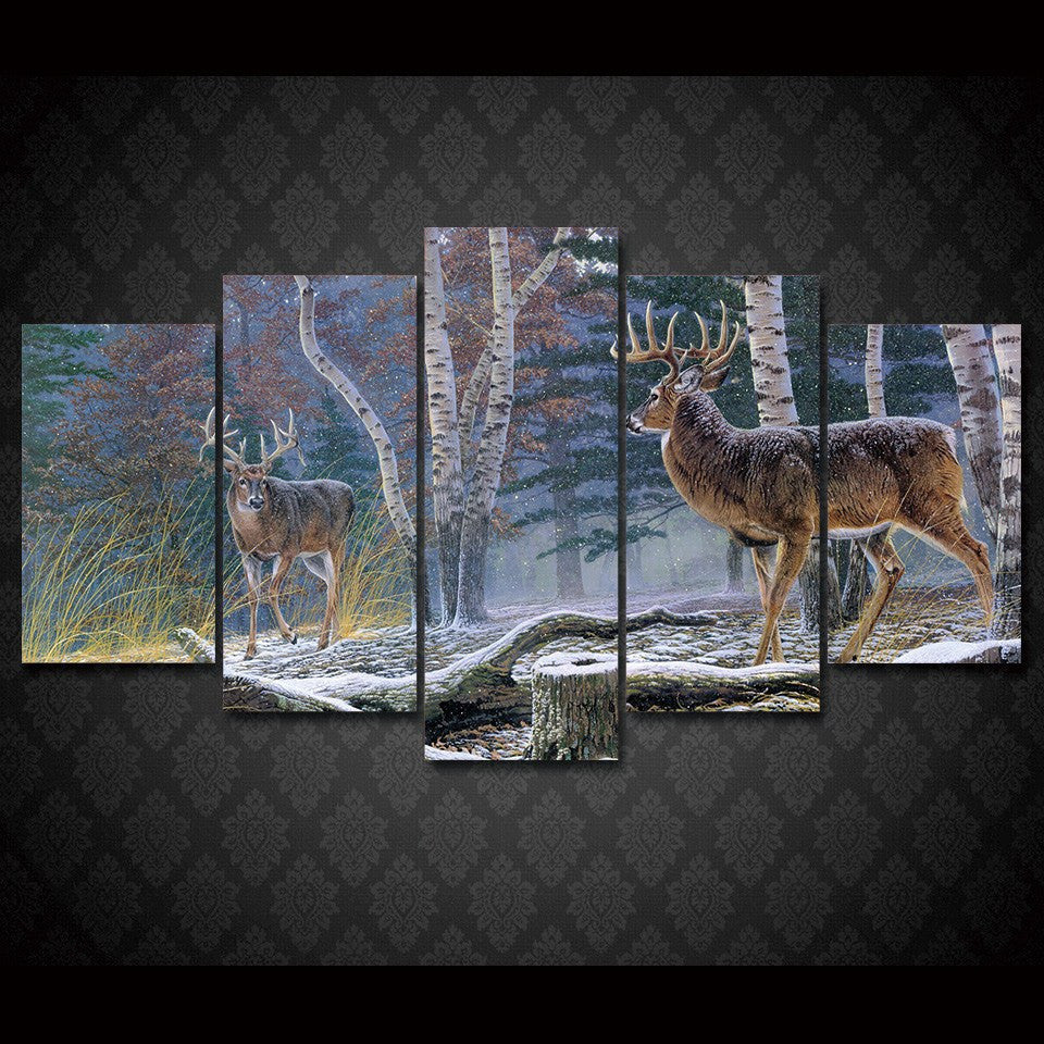5 Panel Winter Forest Deer Framed Animal Wall Canvas Art | Octo Treasures