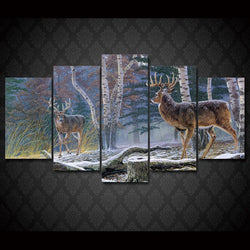 5 Panel Winter Forest Deer Framed Animal Wall Canvas Art | Octo Treasures