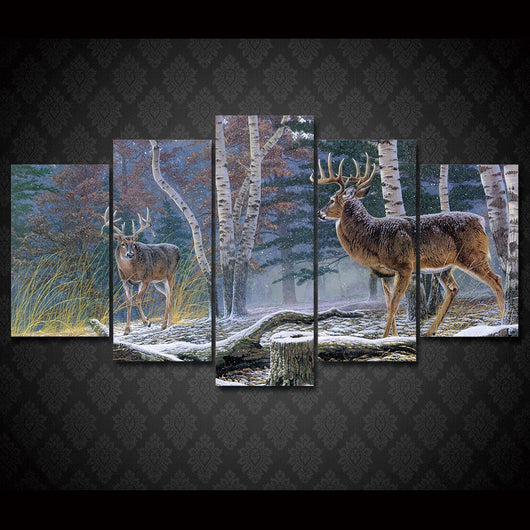 5 Panel Winter Forest Deer Framed Animal Wall Canvas Art | Octo Treasures