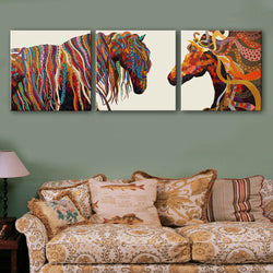 3 Panel Abstract Colorful Horses Modern Wall Canvas Art | Octo Treasures