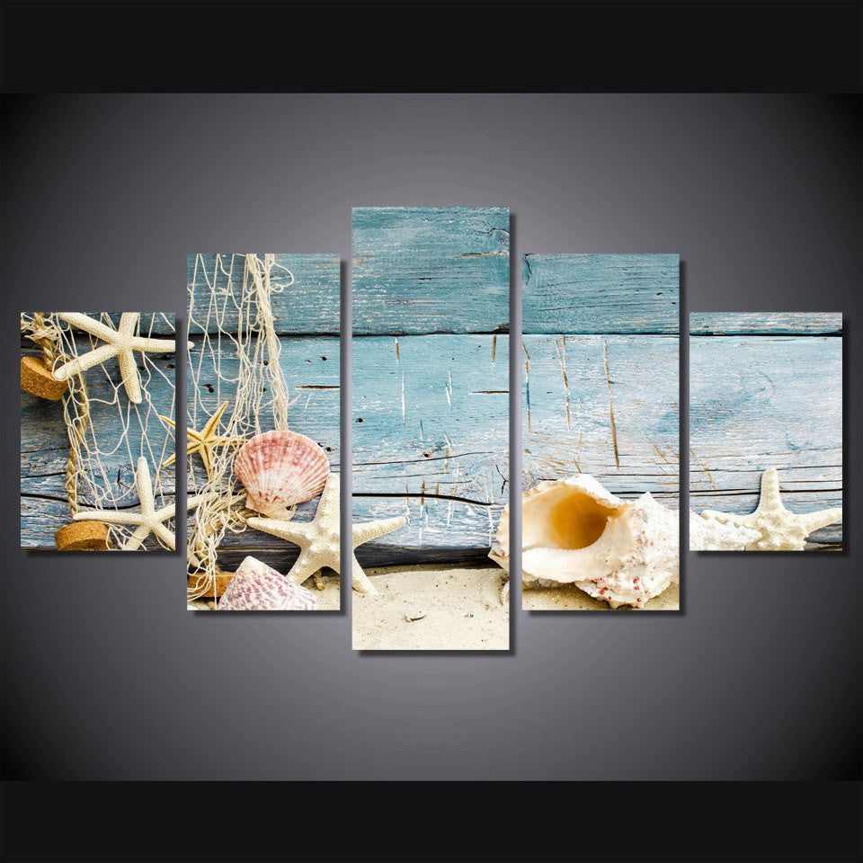 5 Panel Seashells And Starfishes Beach Decor Framed Wall Canvas Art | Octo Treasures