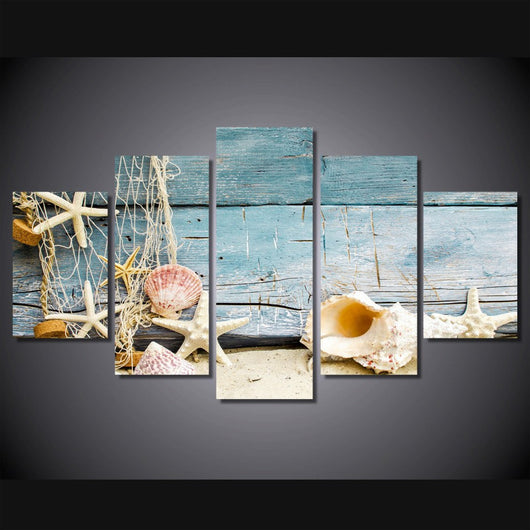 5 Panel Seashells And Starfishes Beach Decor Framed Wall Canvas Art | Octo Treasures