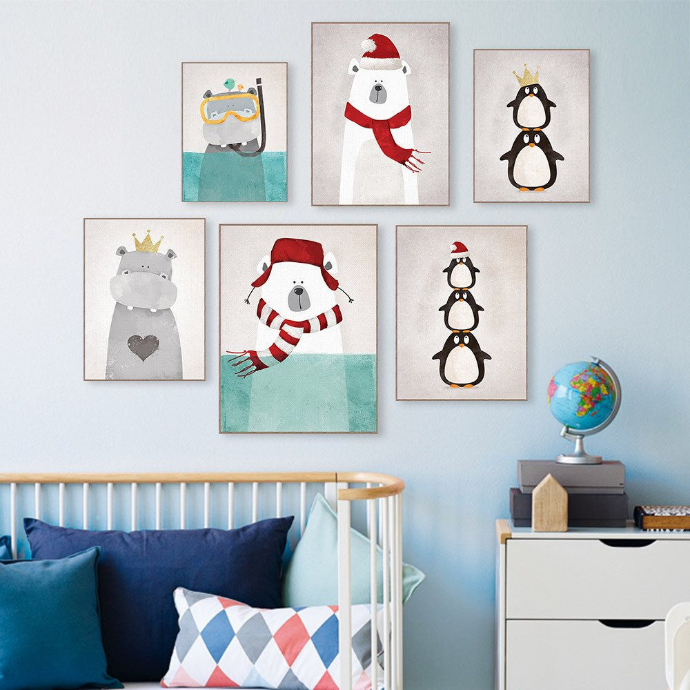 6 Panel Nordic Kawaii Bear Hippo Bird Unframed Wall Canvas Art | Octo Treasures