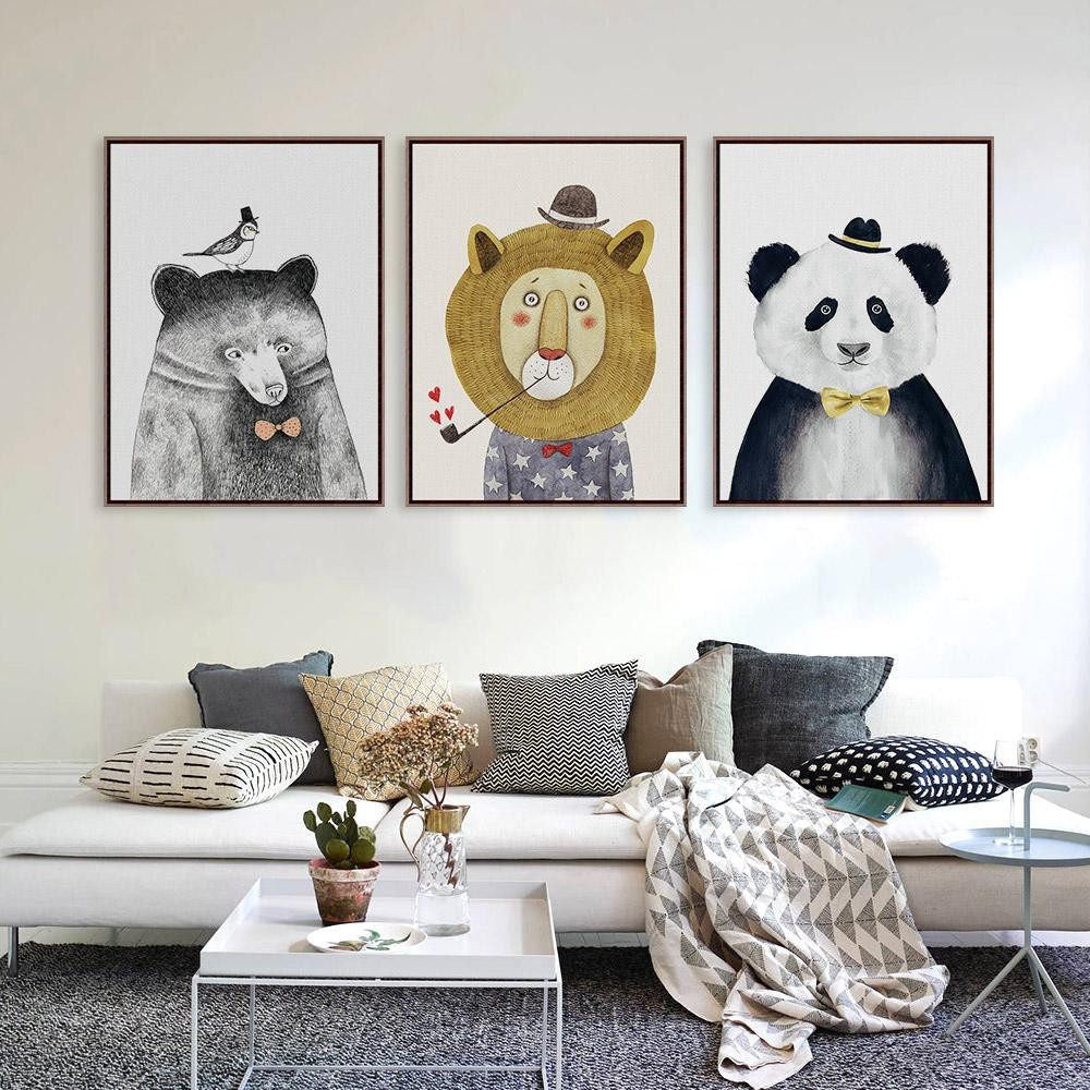 3 Panel Triptych Watercolor Nordic Lion Bear Panda Unframed Wall Art | Octo Treasures