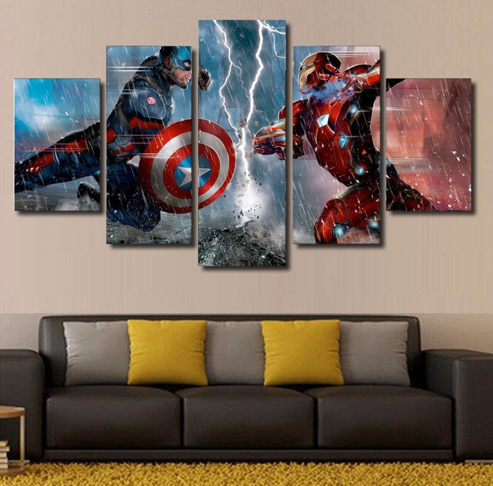 5 Panel Captain America Civil War Fighting Framed Wall Canvas Art | Octo Treasures