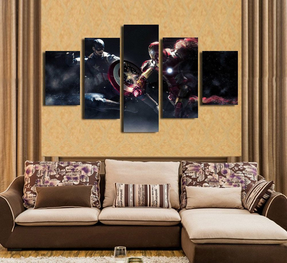 5 Panel Captain America Vs Iron Man Fighting Framed Wall Canvas Art | Octo Treasures