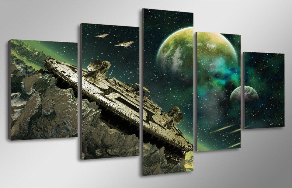5 Panel Construction Spaceship Planet Framed Wall Canvas Art | Octo Treasures