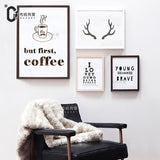 4 Panel But First Coffee Deer Typography Unframed Wall Canvas Art | Octo Treasures