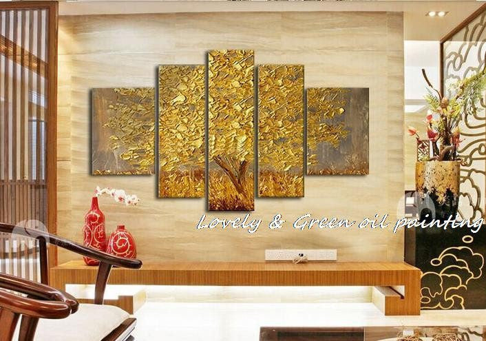 5 Panel Golden Silver Abstract Knife Unframed Canvas Wall Art | Octo Treasures