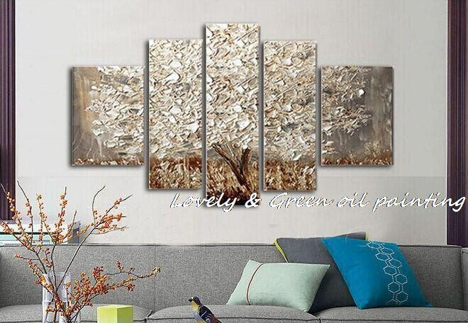 5 Panel Golden Silver Abstract Knife Unframed Canvas Wall Art | Octo Treasures
