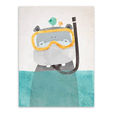 6 Panel Nordic Kawaii Bear Hippo Bird Unframed Wall Canvas Art | Octo Treasures