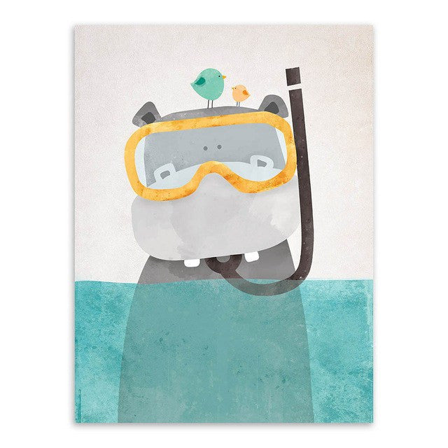 6 Panel Nordic Kawaii Bear Hippo Bird Unframed Wall Canvas Art | Octo Treasures