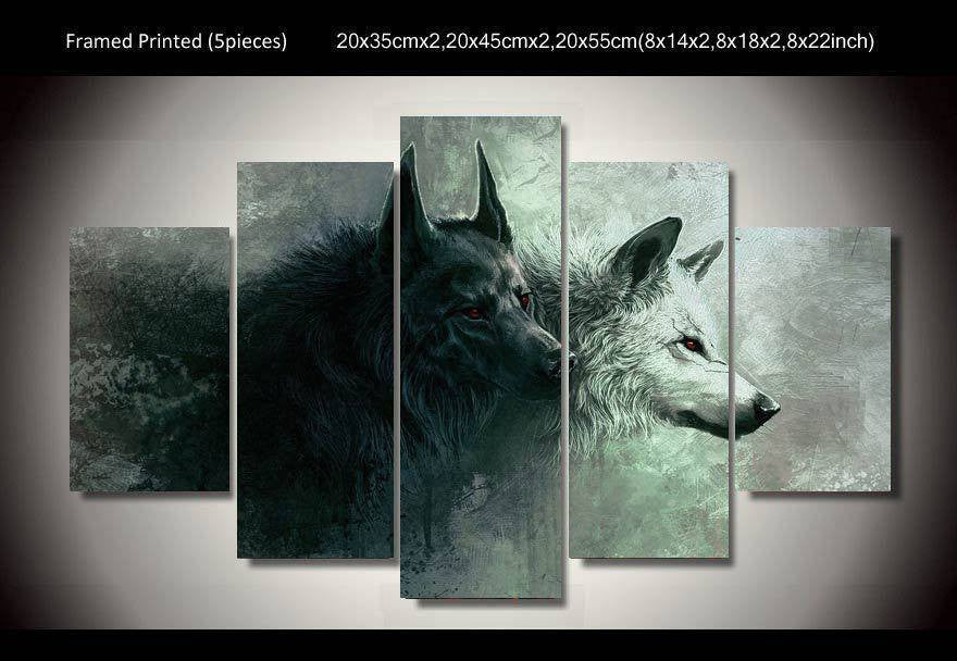 5 Panel Wolf Pack Framed Animal Wall Canvas Art | Octo Treasures