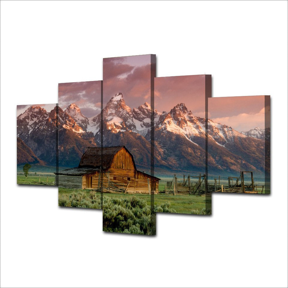 5 Panel Barn Rocky Mountains Landscape Framed Wall Canvas Art | Octo Treasures