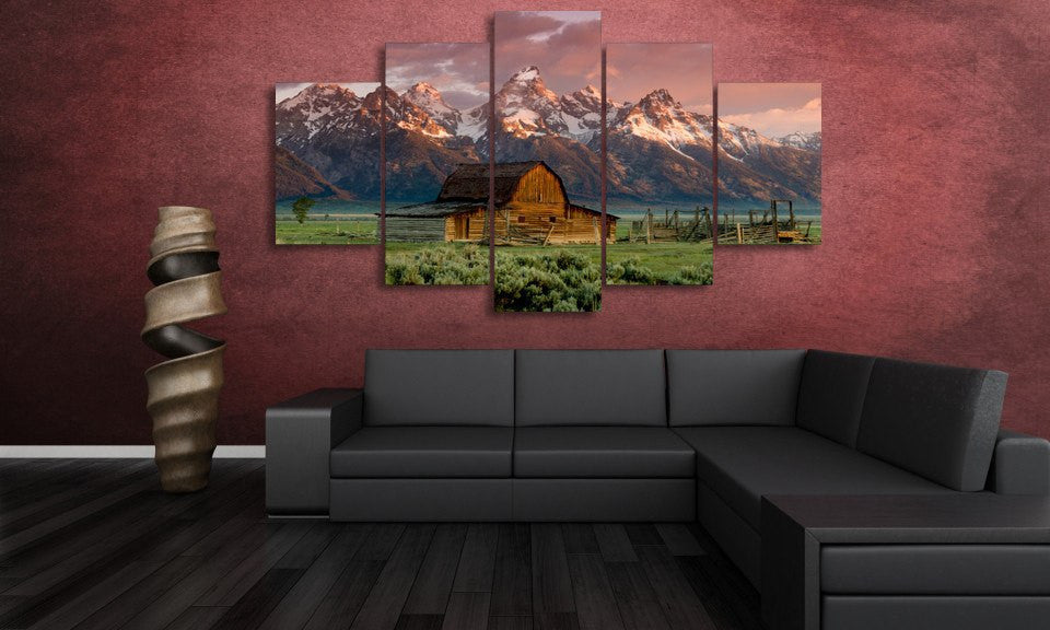 5 Panel Barn Rocky Mountains Landscape Framed Wall Canvas Art | Octo Treasures
