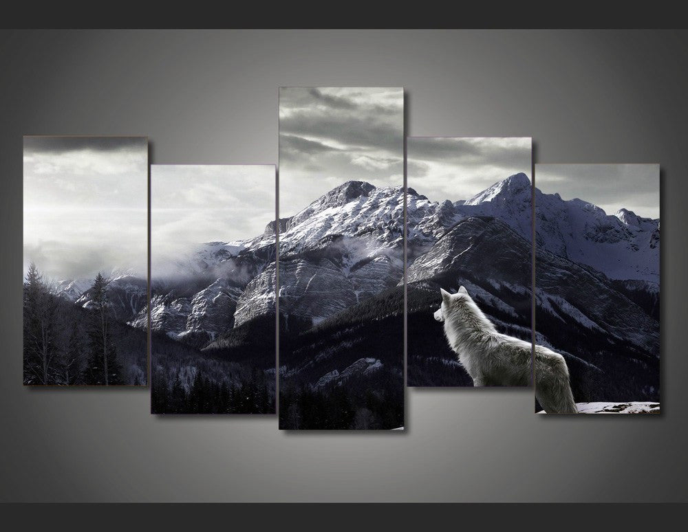 5 Panel Snow Mountain Gray Wolf Framed Wall Canvas Art | Octo Treasures
