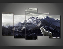 5 Panel Snow Mountain Gray Wolf Framed Wall Canvas Art | Octo Treasures