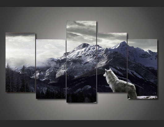 5 Panel Snow Mountain Gray Wolf Framed Wall Canvas Art | Octo Treasures