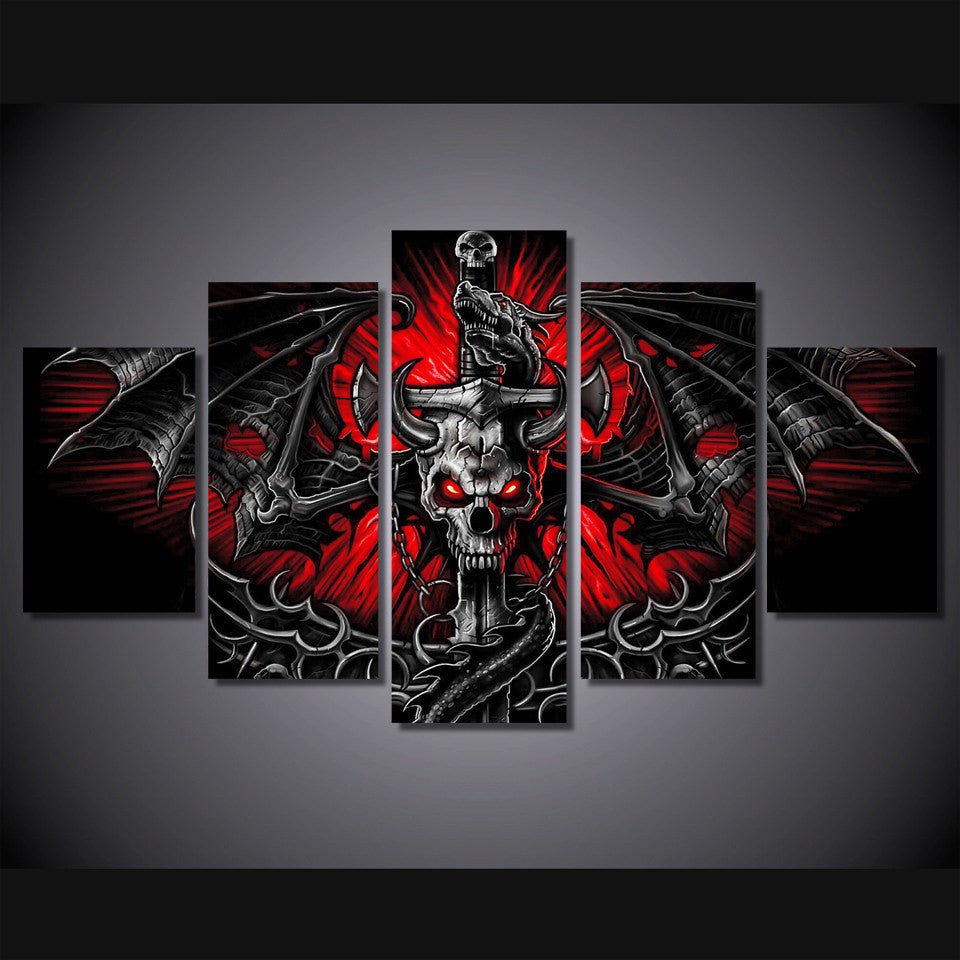 5 Panel Game Flame Skull Framed Canvas Wall Art | Octo Treasures