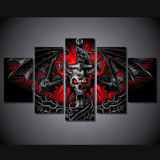 5 Panel Game Flame Skull Framed Canvas Wall Art | Octo Treasures
