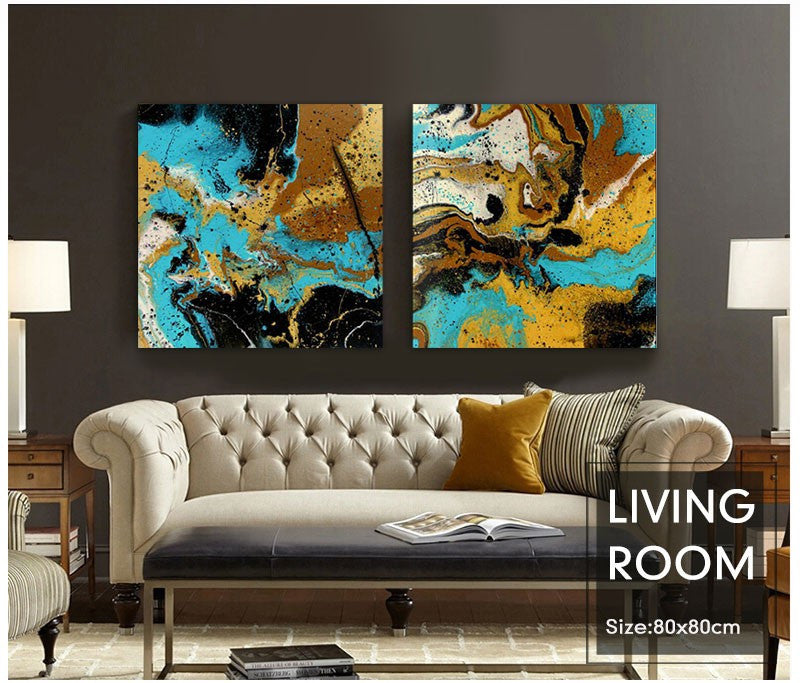 oil painting Watercolor painting modern abstract blue ink flowing color yellow living room office bedroom wall art 2 piece | Octo Treasures