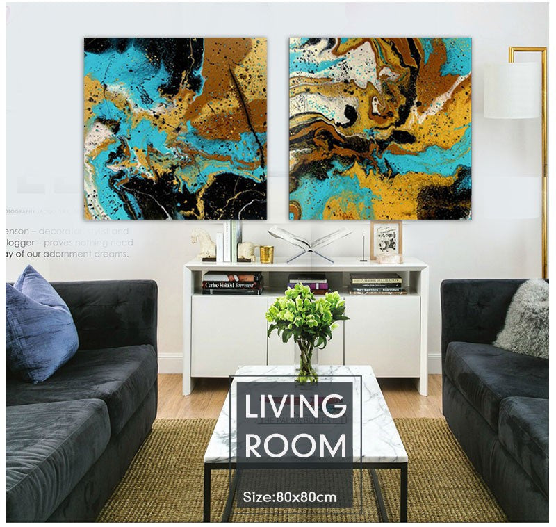oil painting Watercolor painting modern abstract blue ink flowing color yellow living room office bedroom wall art 2 piece | Octo Treasures