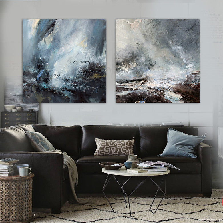 Hand-painted modern abstract oil painting black and white gray tsunami Falls Scenic office bedroom living room wall art canvas | Octo Treasures
