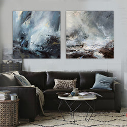 Hand-painted modern abstract oil painting black and white gray tsunami Falls Scenic office bedroom living room wall art canvas | Octo Treasures