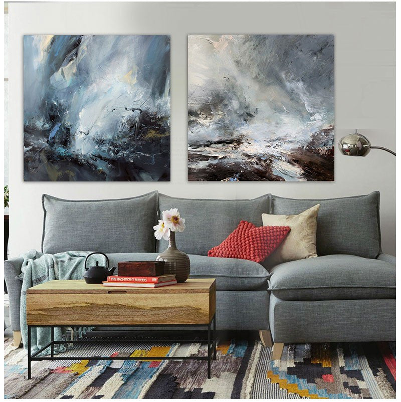 Hand-painted modern abstract oil painting black and white gray tsunami Falls Scenic office bedroom living room wall art canvas | Octo Treasures