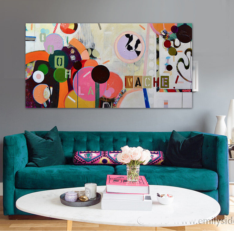 modern abstract oil painting  pink circle pop art office sepia original canvas wall art home decor quadros  Long painting | Octo Treasures